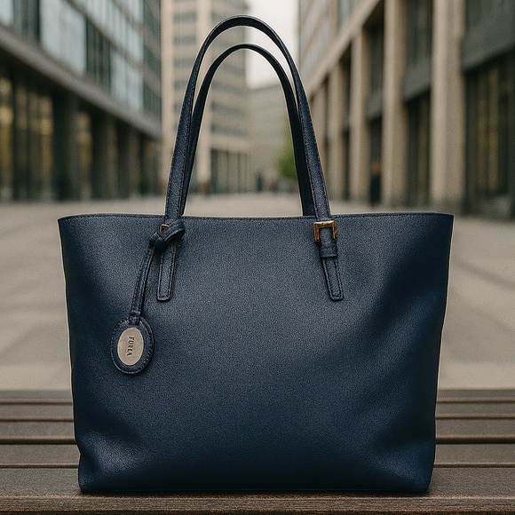 NEW FURLA Ink Blue Saffiano Leather Shopper Tote Bag Made in Italy - D-Light